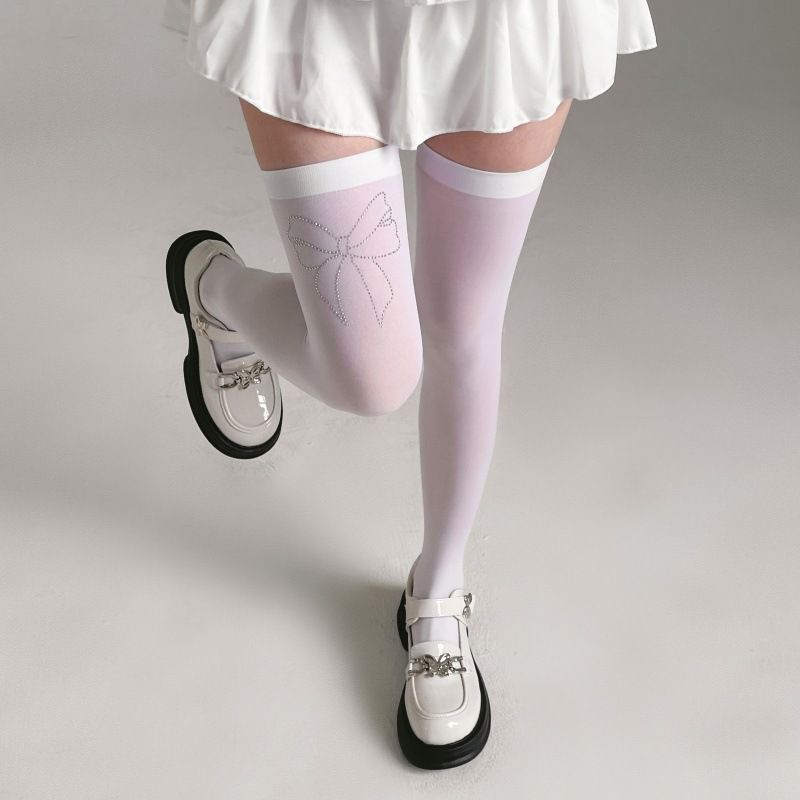 Velvet Printed Bowknot Rhinestone For Women White Breathable High Thin JK Long Tube Over-the-Knee Calf Socks_voghion.com