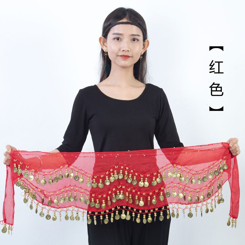Hanging Belly Waist Chain Chiffon Three-Layer Gold Coin Belt Indian Dance Practice Performance Hip Scarf_voghion.com