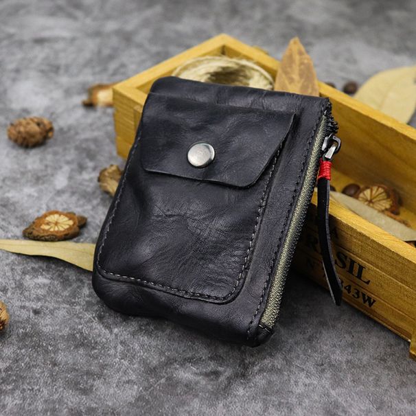 Leather Vegetable Tanned Leather Driving License Zipper Light-Weight Thin Simple Pleated Large-Capacity Coin Purse Card Holder_voghion.com