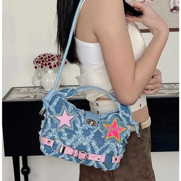 This Is A Mini Handbag Five-pointed Star Sticker Design Rough Edge Jeans For Commuting And Shoppin241116_voghion.com