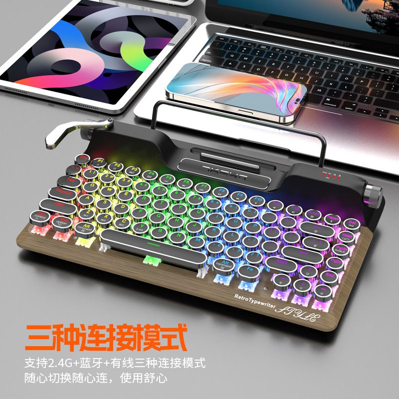 Machine à écrire Bluetooth, connexion à trois modes, interrupteurs Steampunk enfichables, touches rondes rechargeables, clavier mécanique_voghion.com