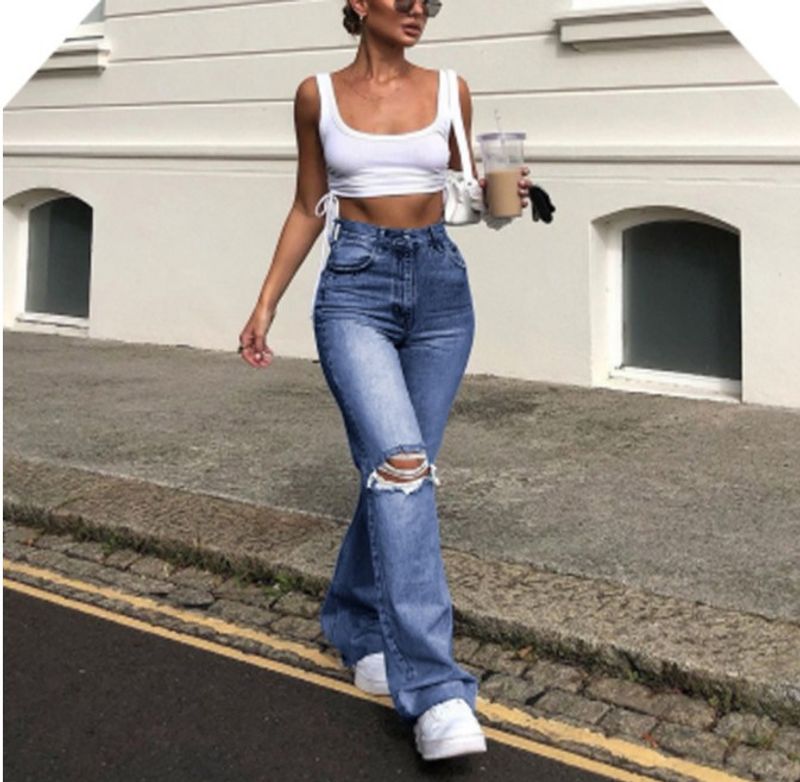 Vêtements pour femmes, style tendance, jeans taille haute à jambes larges pour femmes_voghion.com
