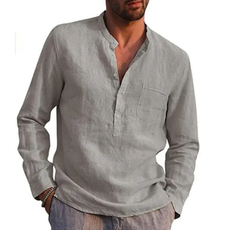 2025 Camicie a maniche lunghe da uomo in cotone e lino, in saldo, estive, tinta unita, con colletto alto, stile casual da spiaggia, taglie forti_voghion.com