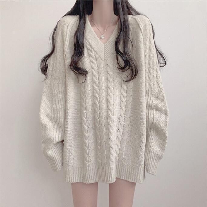 Korean Medium And Long Twist Pullover Sweater Women's Foreign Retro Solid Color Knitted Sweater_voghion.com