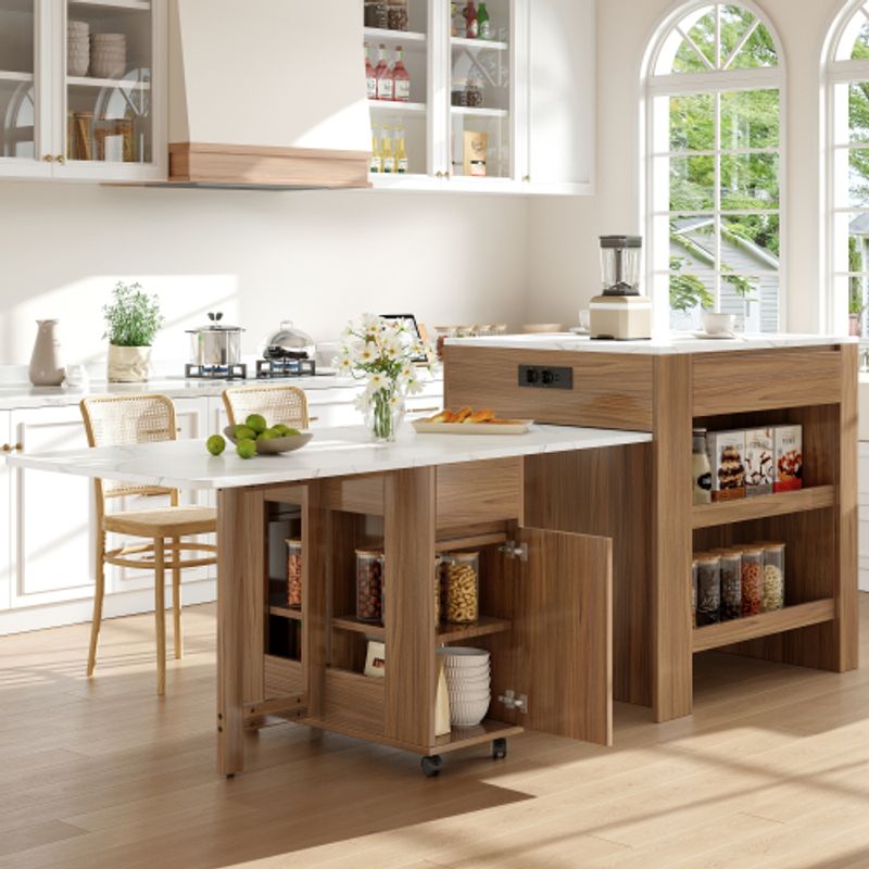 Ausziehbarer Bartisch Mit Stauraum(110-124×78×97.5cm), Für 2-6 Personen, Kücheninseln Mit 2 Schubladen, 2 Seitliche Offene Regale Und Eingebaute Steckdose,Tischplatte Aus Weiß Marmoriertem MDF,Braun_voghion.com