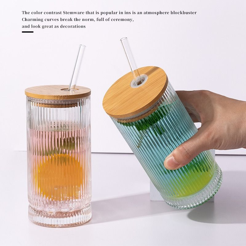 Gestreifter Glasbecher mit Deckel und Strohhalm – 473 ml Becher im Mason-Jar-Stil für Eiskaffee, Bubble Tea, Saft und Cocktails, wiederverwendbares Trinkglas_voghion.com