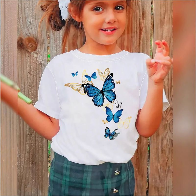 Kids’ Clothing Girls Fantasy Blue Butterfly Pattern Printed Girls Round Neck Short Sleeved T Shirt_voghion.com