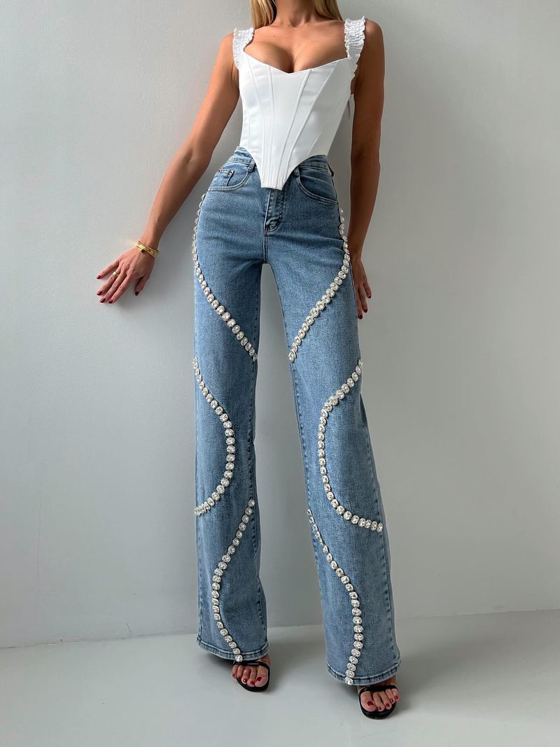 Design Sense: Surrounding Rhinestone Jeans For Women In Spring 2024, New Niche Loose Straight Leg Fashionable Casual_voghion.com