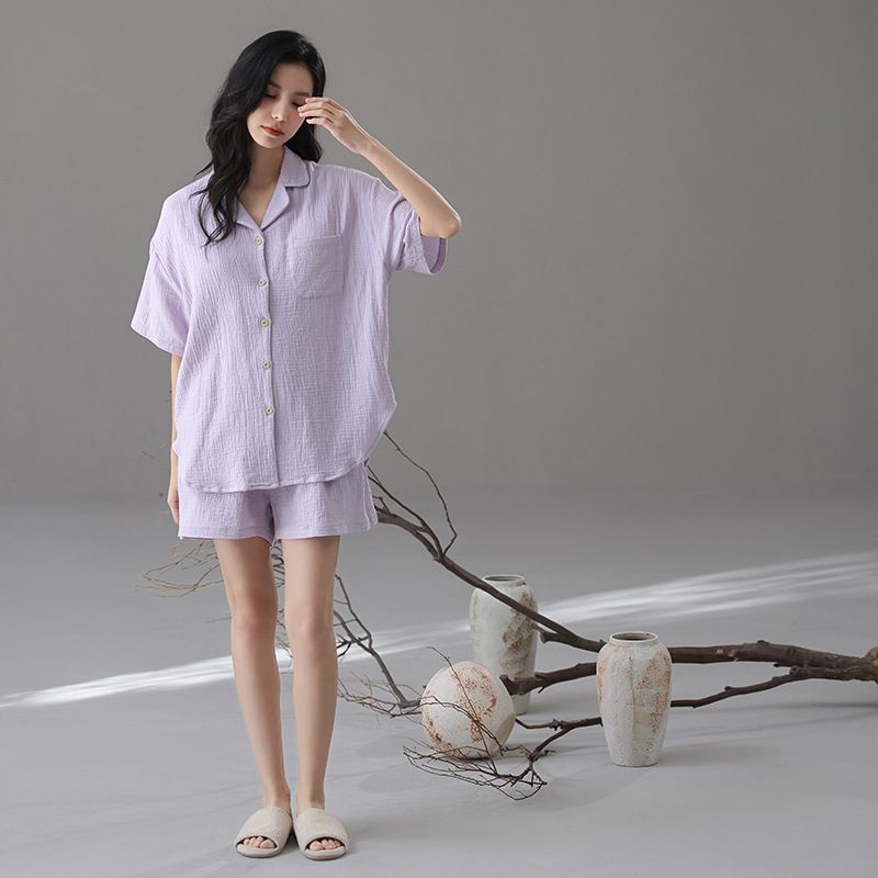 Wabi-Sabi Summer Couple Pajama Set - 100% Cotton Double Gauze Short Sleeve & Shorts - Loose Fit Unisex Homewear For Men & Women_voghion.com