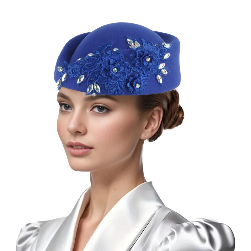 New retro British felt turban hat for women church derby headdress with flower dot diamond ladies soft beret_voghion.com