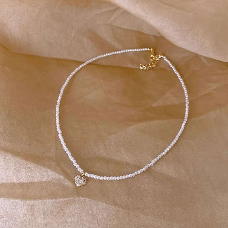 Mikro-ageleet Zirkon Léift Glas Perl Halskette Fraen Koreanesch Stil Moud Elegant Cyber Promi Häerzfërmeg Highlight Perl Schléissebein Kette_voghion.com