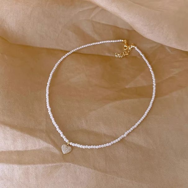 Mikro-ageleet Zirkon Léift Glas Perl Halskette Fraen Koreanesch Stil Moud Elegant Cyber Promi Häerzfërmeg Highlight Perl Schléissebein Kette_voghion.com