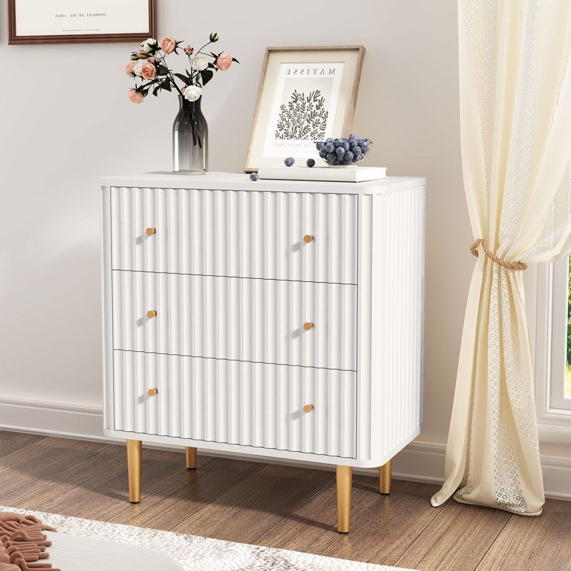 Modern 3 Drawer Dresser For Bedroom, Storage Chest Of Drawers, White Wood Dresser Organizer With Fluted Texture, Accent Storage Dresser Cabinet For Living Room, Closet, Hallway_voghion.com