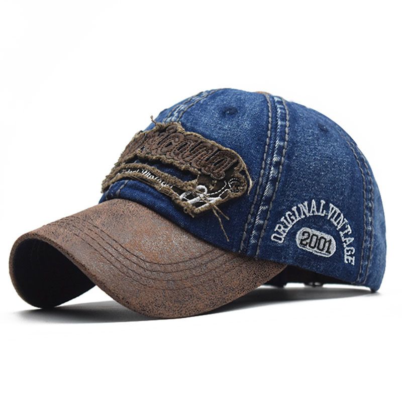 Denim PU patchwork casquette de baseball lettres brodées coton lavé casquette de baseball réglable casquette de sport en plein air pour hommes et femmes_voghion.com