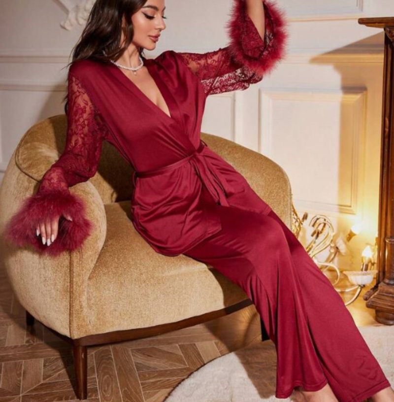 2025 cross border new stitching lace v neck pajamas robe set_voghion.com