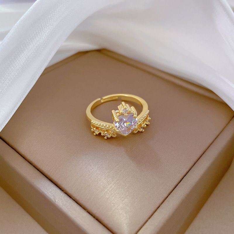 【Oro auténtico】 Anillo de pareja con corona de diamantes y apertura ajustable, hecho a mano, sencillo._voghion.com