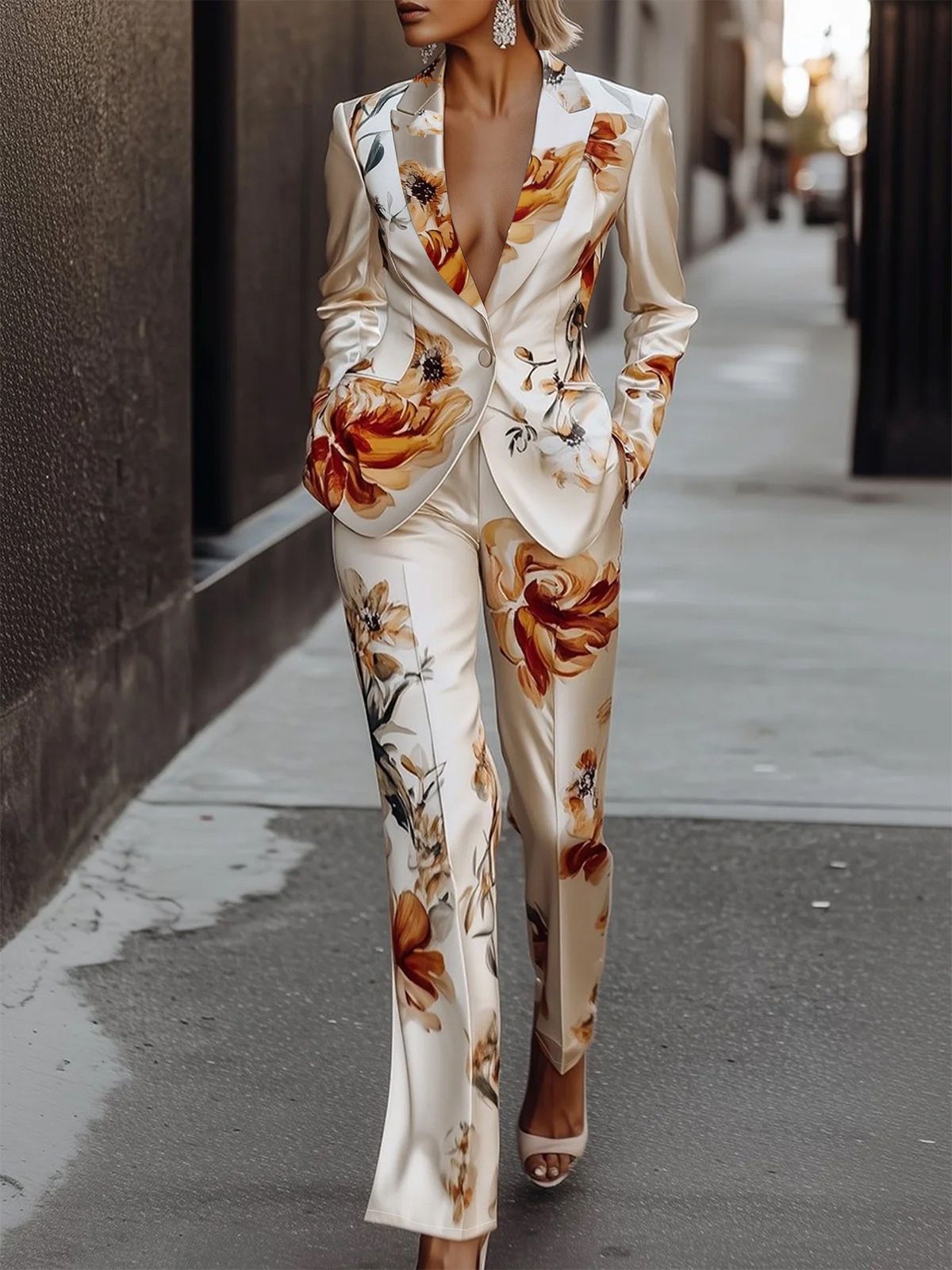 Satin Print Long Sleeve Suit Set – Two-Piece Matching Blazer & Pants For Women, Flowy Business Casual Outfit (S-XL, 5 Colors)_voghion.com