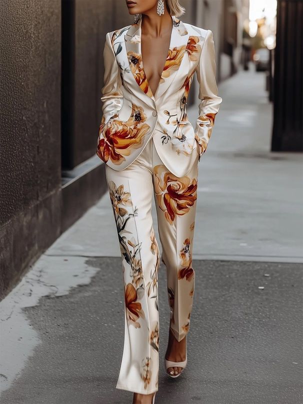 Satin Print Long Sleeve Suit Set – Two-Piece Matching Blazer & Pants For Women, Flowy Business Casual Outfit (S-XL, 5 Colors)_voghion.com