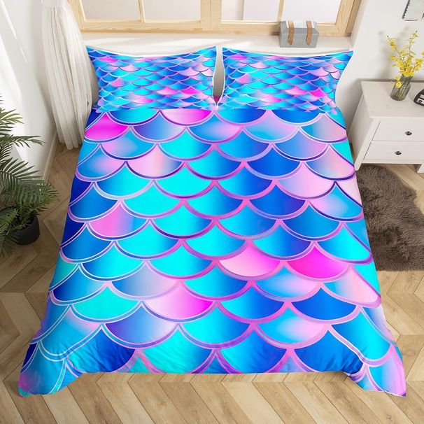 Capa de edredom para berço para meninos e meninas, capa de edredom com escamas de peixe, conjunto de cama Underwater World, conjunto de cama neon com 1 fronha para decoração de quarto_voghion.com