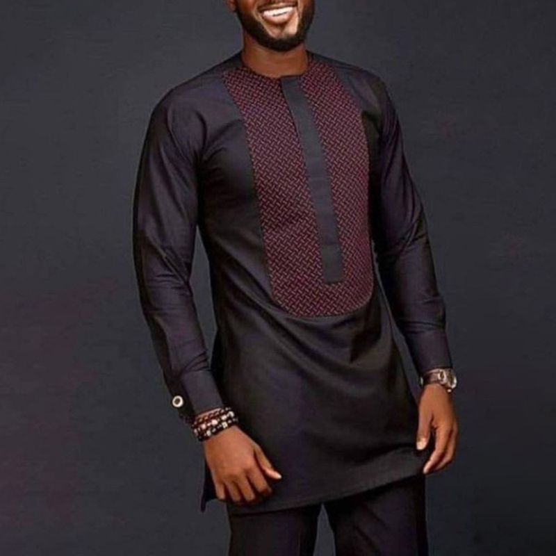 Men's moslem new ethnic style men's suit printed patchwork shirt and solid color pants men's casual suit_voghion.com