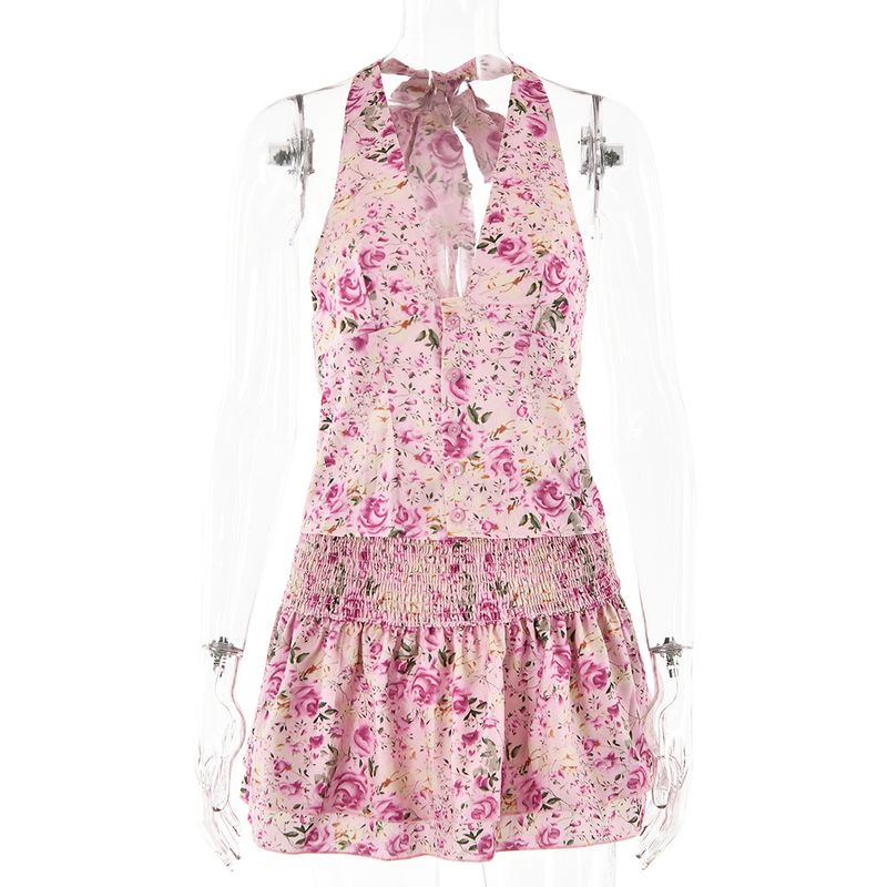 Ensemble deux pièces sexy pour femme, haut dos nu, col licou, col en V, jupe courte florale_voghion.com