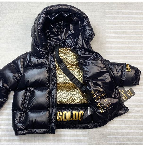 Kids' Winter Down Jacket – Premium White Goose Feather, Short Hooded Coat With Gold Lettering (Black, 7 Sizes)_voghion.com
