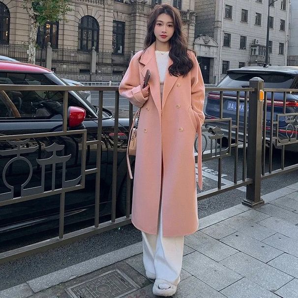 Women's Oversized Wool Blend Trench Coat With Double Breasted Design, Mid-Length Casual Elegant Coat For Autumn Winter, Slim Fit For Petite Women_voghion.com