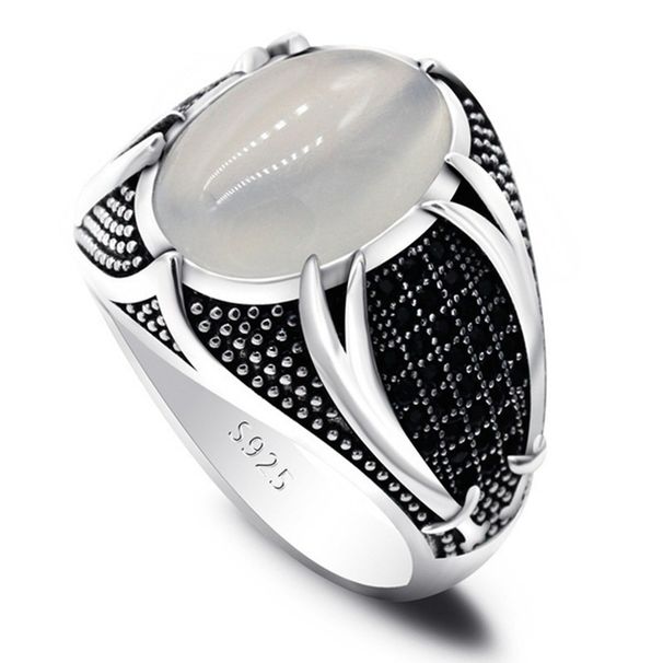 Black Diamond-Studded Curved Knife Men's Oval Thai Silver Ring Jewelry_voghion.com