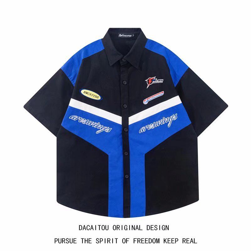Men's Clothing retro embroidered motorcycle short-sleeved shirt for men, trendy summer street-blasting handsome niche racing workwear shirt_voghion.com