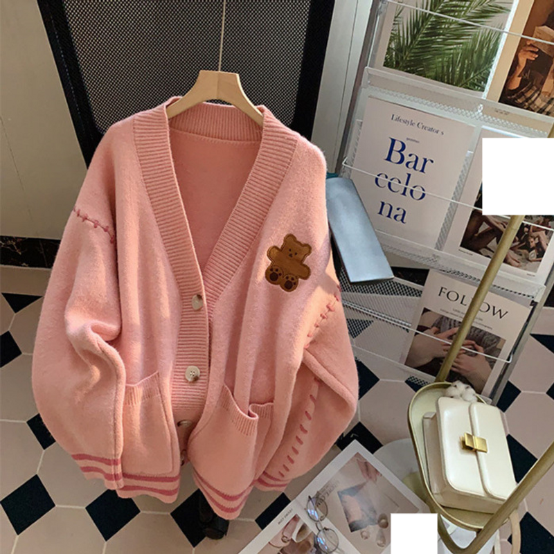 Women's Clothing Bear Embroidered Cardigan Sweater V neck Single breasted Knitted_voghion.com