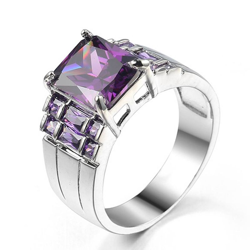 Versilberter Smaragdschliff Amethyst Pavé Ehering Verlobungsring für Männer Frauen_voghion.com