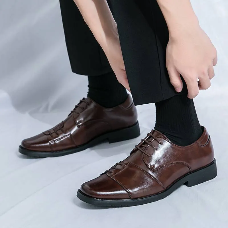 Chaussures pour hommes à bout carré, chaussures derby à lacets en cuir véritable, style britannique, marron, pour robe de banquet et de mariage_voghion.com