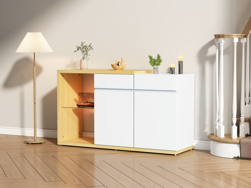 LED Sideboard Breite 120 Cm, Multifunktionales Sideboard,Kommode 2 Türen, 2 Schubkästen, Anrichte Mit LED-Beleuchtung_voghion.com