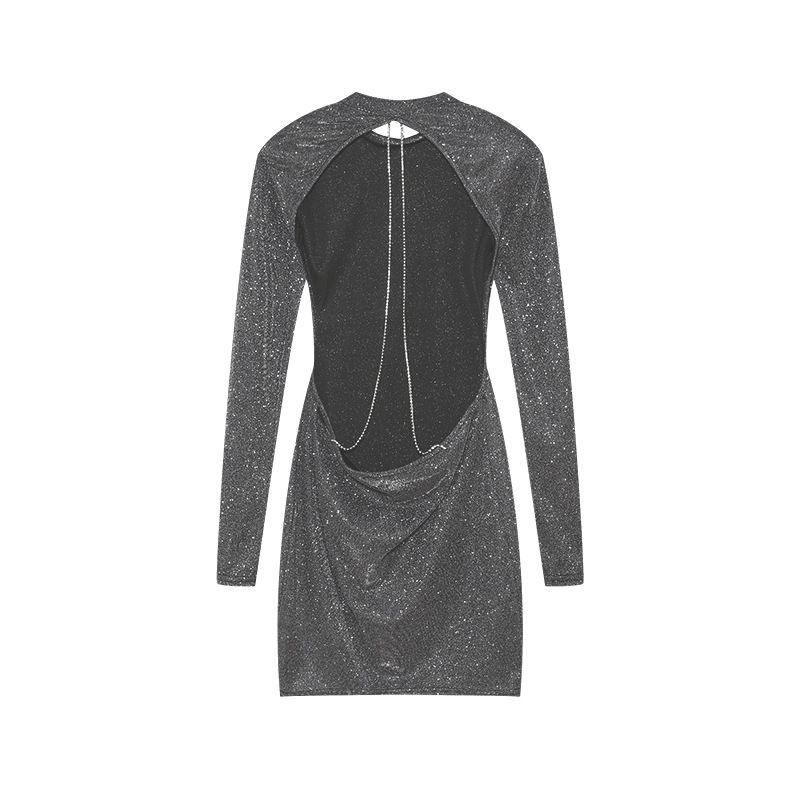 Wind Sexy Open Back Kette Rundhals Langarm Wickelhüfte Enger kurzer Rock Retro Französisches Kleid_voghion.com