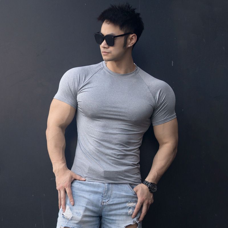 Sommer Trendy Fitness T-Shirt Herren, Hochelastisches Schnelltrocknendes Enges Oberteil, Muskeltrainingskleidung, Atmungsaktiver Sport_voghion.com