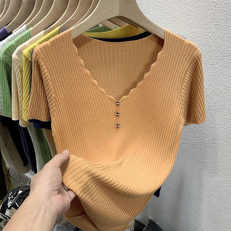 Women's Clothing Ice Silk Short Sleeved T Shirt For Women New Summer Stylish Slim Short White V Neck Sweater Half Sleeved Top_voghion.com