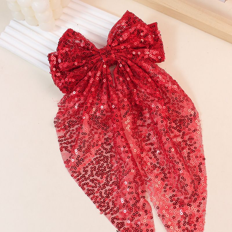 European And American New Sequins Double Layer Mesh Oversized Bow Spring Clip Long Floating Headdress Hairpin Fashionable Daily Girls_voghion.com
