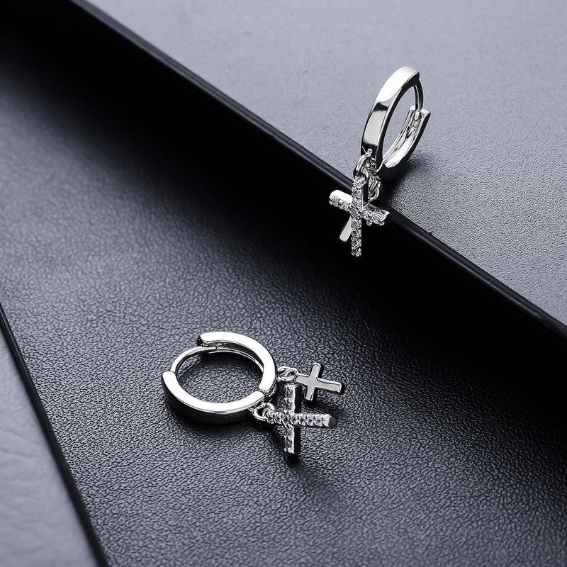 Men Double Cross Diamond-Encrusted High-End Versatile Hip-Hop Anti-Allergy Earrings For Women Summer Simple Accessories_voghion.com