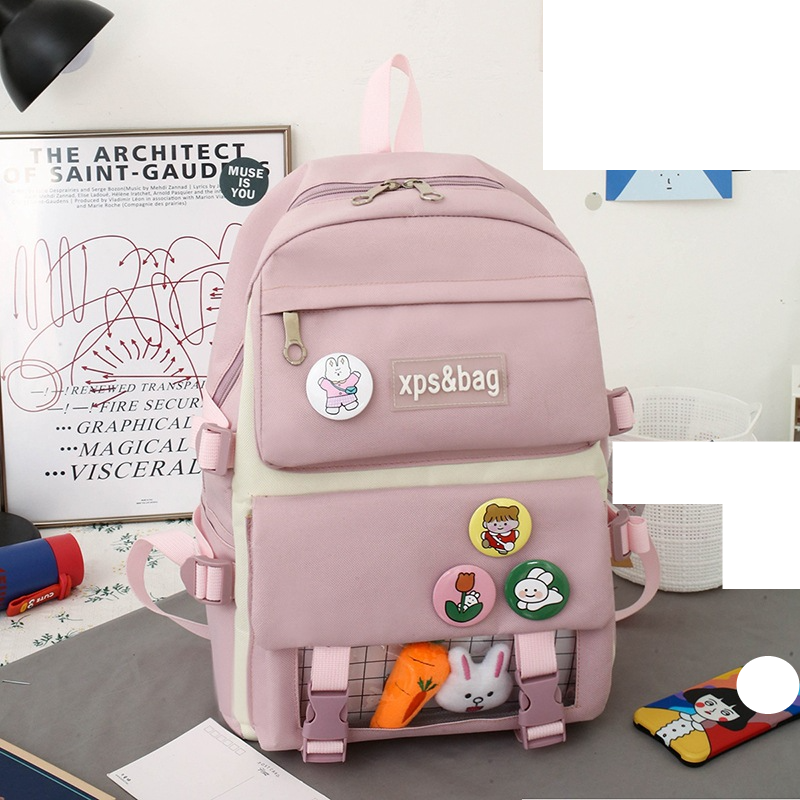 Four piece student backpack for girls, elementary school students, junior high school students canvas contrasting color backpack_voghion.com