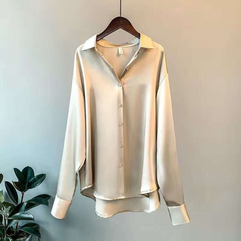 Satenasta srajca z dolgimi rokavi za ženske Design Sense Niche Spring Vse ujemajoče se majice v vintage stilu Hong Kong_voghion.com