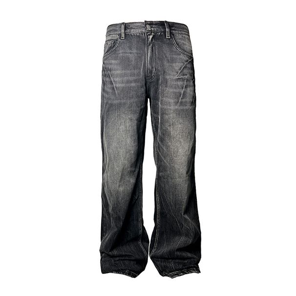 Herrenbekleidung Retro Dunkelblau Lightning Cracked Jeans Lockere Hose mit weitem Bein Verwaschene gerade Schlaghose_voghion.com