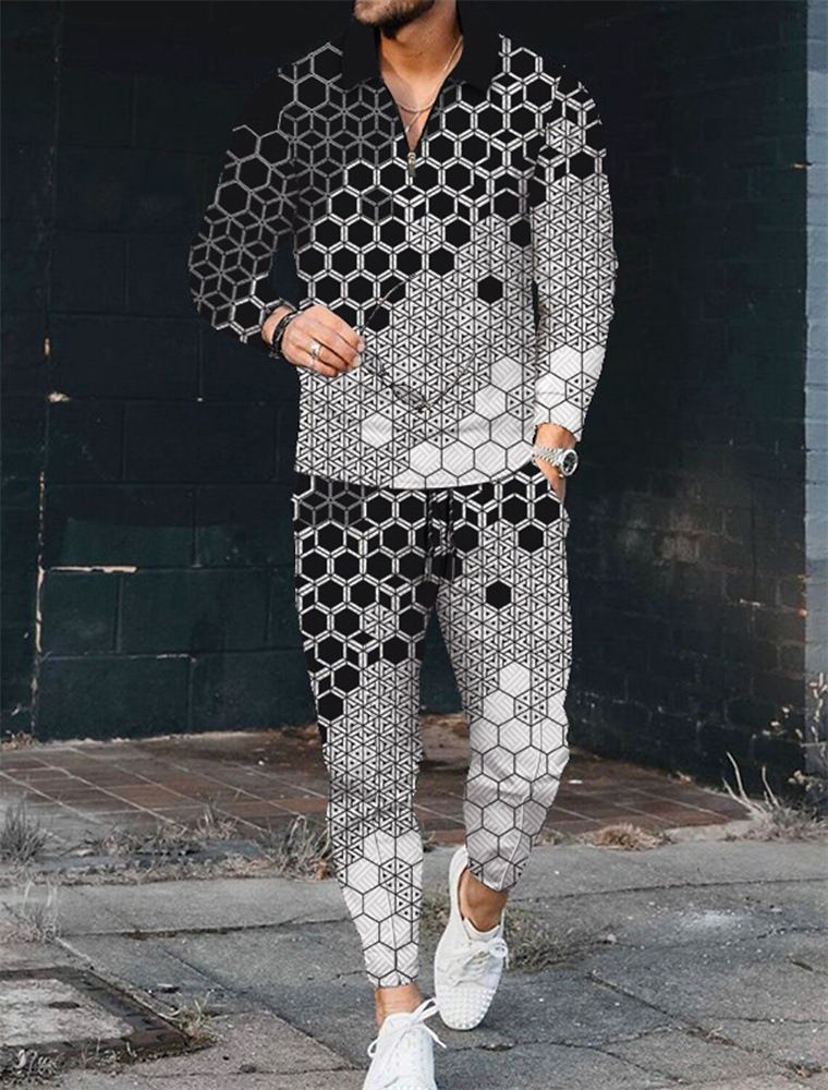 CT Herren Poloshirt mit 3D-Druck und Farbblock, Reißverschluss, Revers, Ärmel, lange Hose_voghion.com