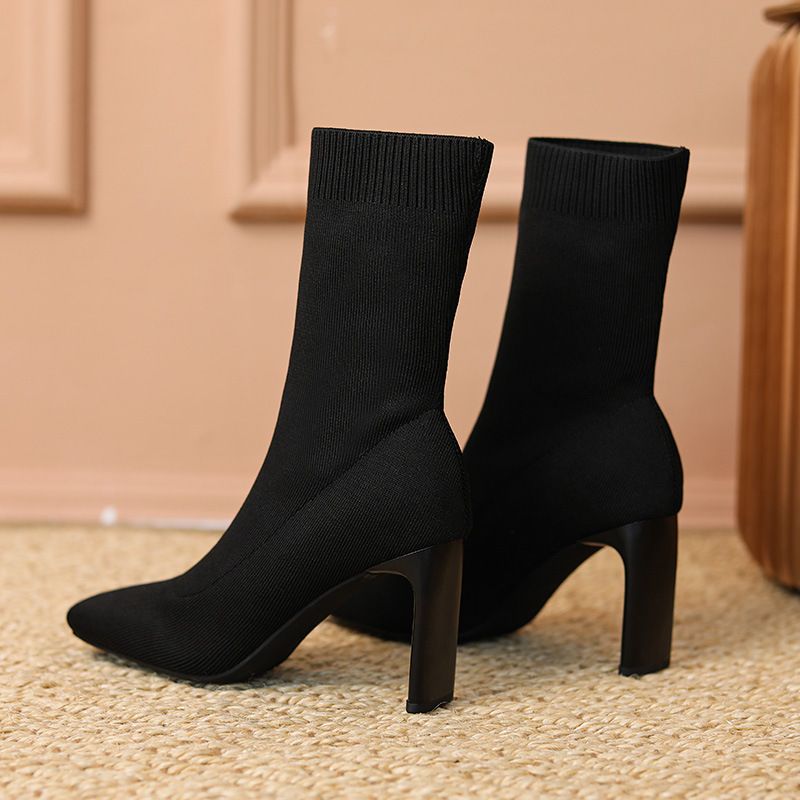 Stivali da donna con tacco sottile e quadrato, nuovi stivali autunnali e invernali in maglia, stivali elastici con tacco alto, stivali corti_voghion.com