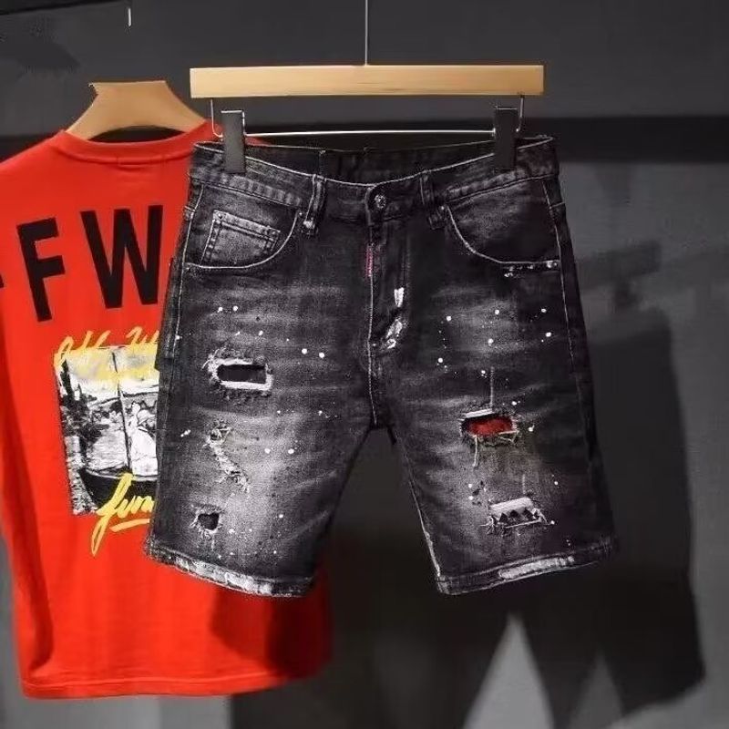 Męskie szorty dżinsowe z przetarciami i patchworkiem – wzór graffiti i plamy, szorty casualowe w stylu streetwear dla nastolatków i młodzieży (czarno-szare, 28-36)_voghion.com