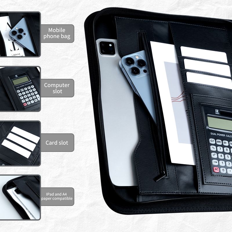 A4 leather business folder with calculator folder four hole binder multi function portable zipper manager folder_voghion.com