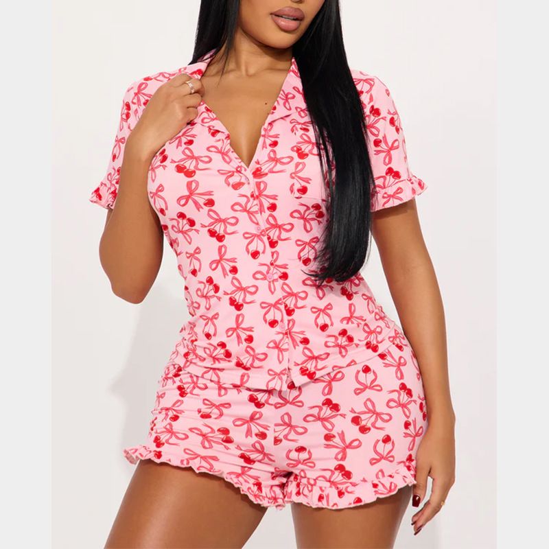 Damenbekleidung Freizeit Bedruckter Revers Rüschen Kurzarm Shorts Anzug_voghion.com