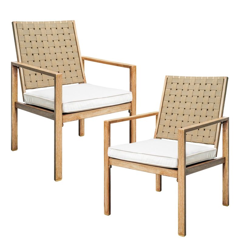 Set Of 2 Patio Chairs, Hand-Made Drawstring Outdoor Dining Chairs Waterproof With Cushion, Metal Chairs For Patio, Deck, Garden, Yard - Wood Grain_voghion.com