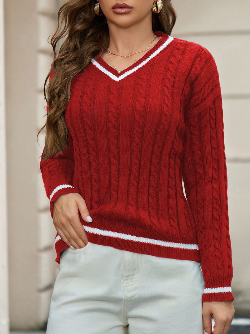 Pull élégant en maille à col en V – Pull chic à torsades avec poignets côtelés, haut décontracté en polyester respirant pour femme (plusieurs couleurs et tailles)_voghion.com