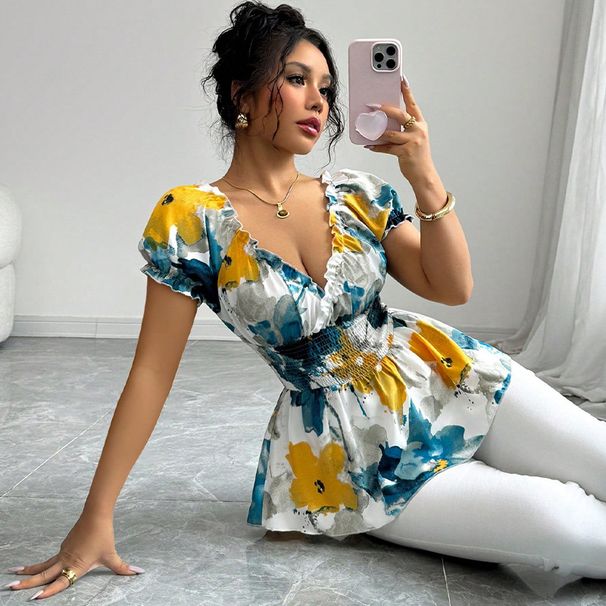 Naiste kitsa lõikega batikaga värvitud pullover-pluus - sügava V-kaelusega pühadepluus (suvine, kerge ja mugav)_voghion.com