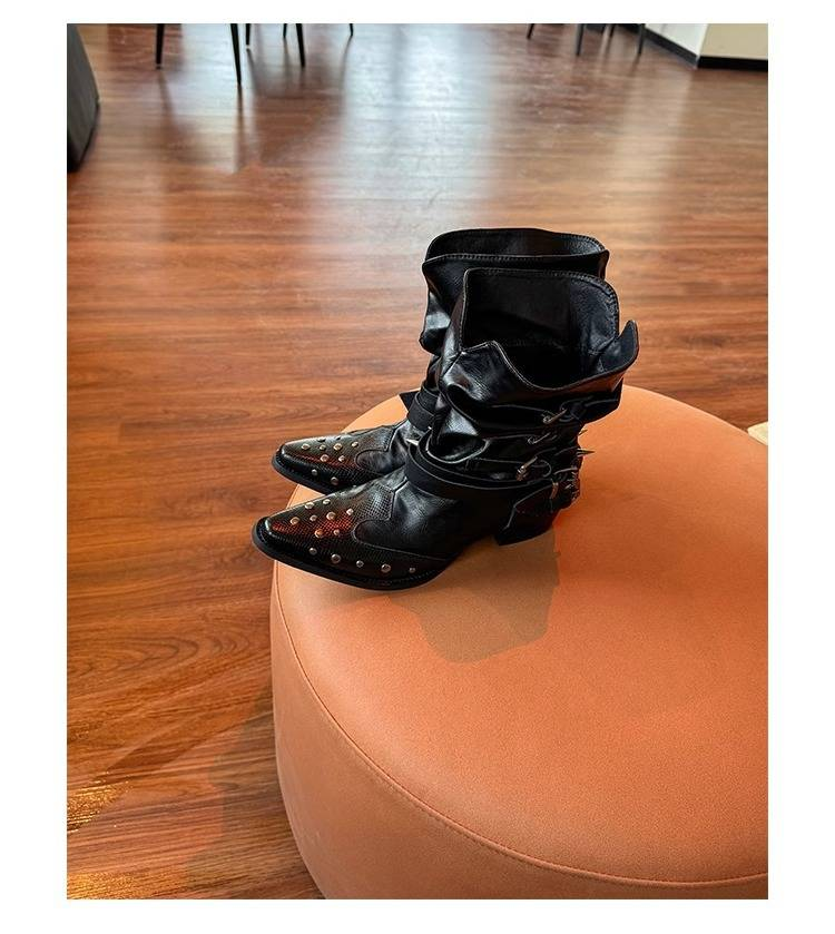 Damenschuhe Retro Bestickte Western-Cowboystiefel mit spitzer Spitze Damen 2025 Frühling und Sommer Neue dicke Ferse Vielseitige Ritterstiefel Ärmel Lange Stiefel_voghion.com